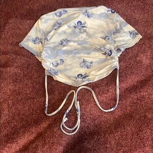 Blue and White Angel Print Crop Top